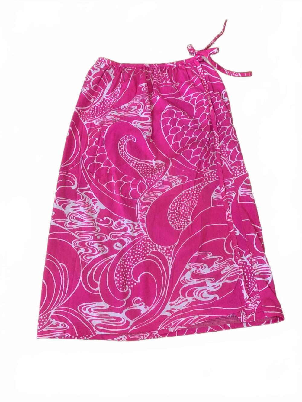 Pink and White Patterned Skirt with Elastic Waist and Tie Detail